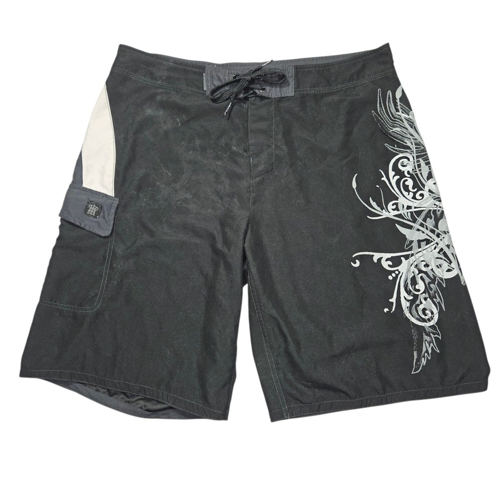 Micros VTG Y2K Tribal Phoenix Board Shorts Black Graphic Sz 36